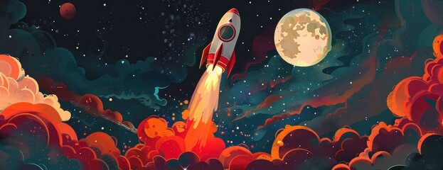 Une fusée de style cartoon voyageant dans l'espace, atmosphère spatiale fantastique avec des textures détaillées et un arrière-plan coloré. - obrazy, fototapety, plakaty