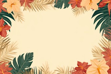 Fototapeta na wymiar Tropical plants frame background with tan blank space for text on tan background, top view. Flat lay style. ,copy Space flat design