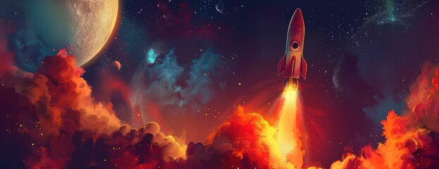 Obraz na płótnie Canvas Une fusée de style cartoon voyageant dans l'espace, atmosphère spatiale fantastique avec des textures détaillées et un arrière-plan coloré.