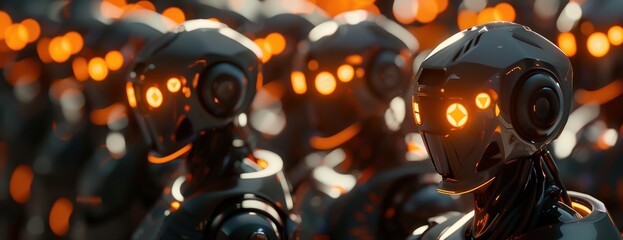 Un groupe de robots futuristes avec des yeux brillants et des lumières orange sur la tête, arrière-plan bokeh dans un style hyperréaliste.