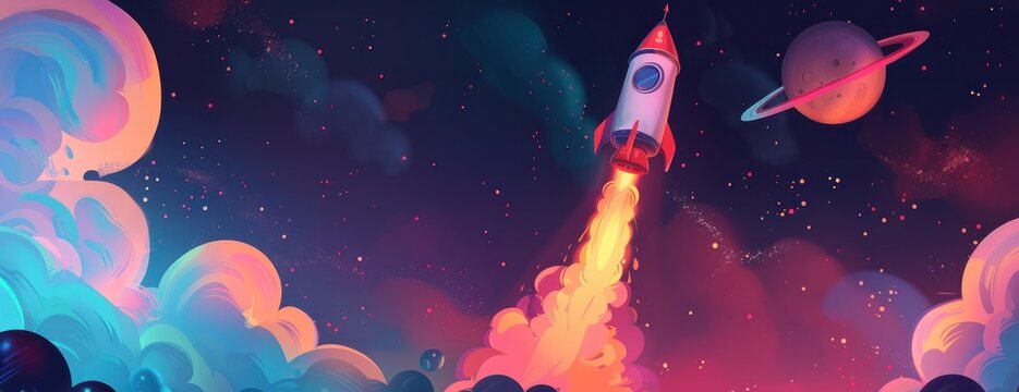 Une fus&eacute;e de style cartoon voyageant dans l'espace, atmosph&egrave;re spatiale fantastique avec des textures d&eacute;taill&eacute;es et un arri&egrave;re-plan color&eacute;.