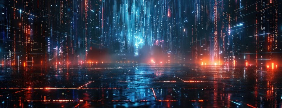 Arri&egrave;re-plan sombre et abstrait avec une ville futuriste, des rayons lumineux sur un sol mouill&eacute; symbolisant l'innovation dans les domaines de la technologie.