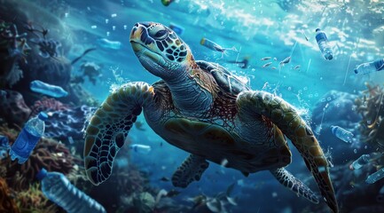 Une tortue de mer nageant parmi des bouteilles en plastique et d'autres déchets dans l'océan, mettant en évidence la pollution de l'environnement.