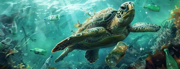 Une tortue de mer nageant parmi des bouteilles en plastique et d'autres déchets dans l'océan, mettant en évidence la pollution de l'environnement, image avec espace pour texte.