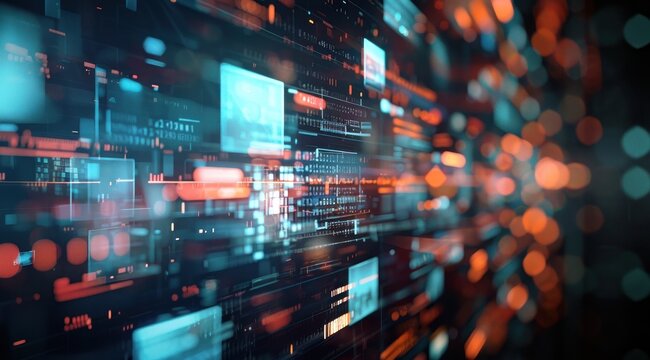 Arri&egrave;re-plan de technologie num&eacute;rique avec des &eacute;crans num&eacute;riques flous et des images volant dans les airs, repr&eacute;sentant le streaming vid&eacute;o ou la communication sur les r&eacute;seaux sociaux.