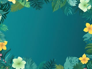 Fototapeta na wymiar Tropical plants frame background with teal blank space for text on teal background, top view. Flat lay style. ,copy Space flat design vector illustration 