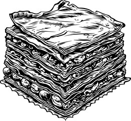 A detailed monochrome sketch of stacked baklava pieces, perfect for culinary blogs, menu designs, or cultural food articles.