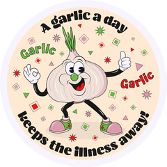 Retro, vintage comic character vegetables cartoon sticker. Violet garlic, with happy smile on face, colorful flat, trendy style character with funny quotes, typography elements. Vector illustration.