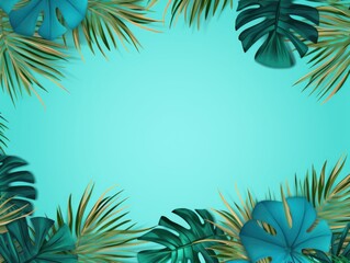 Fototapeta na wymiar Tropical plants frame background with turquoise blank space for text on turquoise background, top view. Flat lay style. ,copy Space