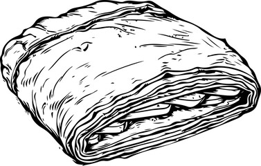 A classic black and white illustration of a stuffed pastry roll, perfect for bakery menus, cooking guides, or food blogs.