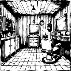 This image renders a classic barbershop interior with checkered floors and an antique barber chair in a striking black and white illustration, perfect for retro themes and decor.