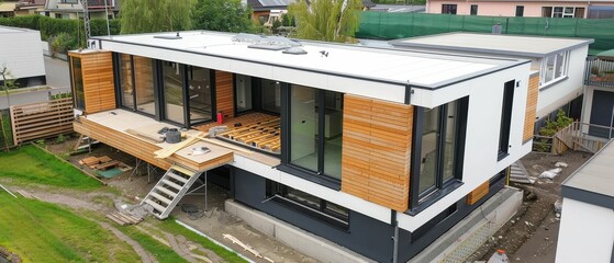 Assembling a prefabricated home, modern methods, efficiency, quick assembly - obrazy, fototapety, plakaty