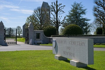 Montjoie-Saint-Martin, France - Apr 12, 2024: The Brittany American Cemetery and Memorial in Montjoie-Saint-Martin contains the remains of 4410 soldiers. Sunny spring day. Selective focus