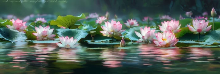 Foto op Canvas Lush water lilies bloom beautifully on a serene pond's surface, evoking feelings of tranquility and purity in nature © gunzexx