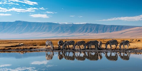 Naklejka premium A herd of zebras drinking from a watering hole, their stripes merging with the reflections, set against a backdrop of the savanna extending to the mountains.