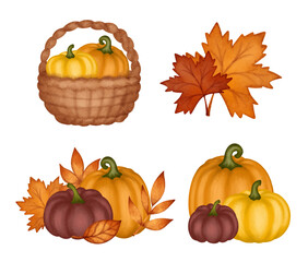 Set autumn fall season pumpkins and leaves decoration, cut out on white background