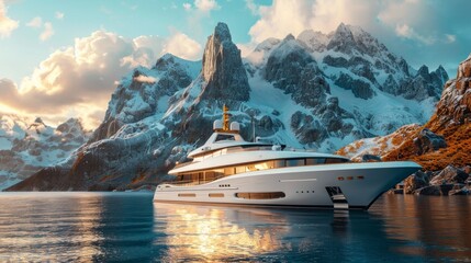 Luxury xplorer yacht with winter mountain background