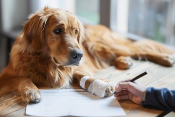 Signing a pet medical insurance contract. Contract form, person's hand and dog, dog's paw on the table. Animal life insurance, pet care, animal protection.