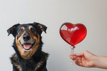 Blood transfusion service for animals, blood donation, Photo, Dog, Red heart, Drip, White background, Pet care, Emergency assistance, Cats, Dogs, Urgent veterinary care.