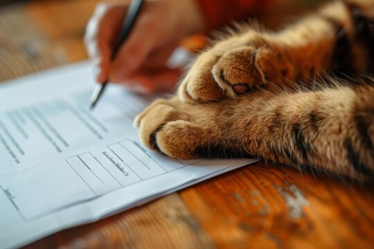 Signing a pet medical insurance contract. Contract form, person's hand and cat's paw on the table. Animal life insurance, pet care, animal protection.