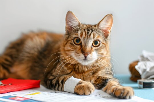 Сute cat with a bandaged paw is lying on the table with a first aid kit. Picture of veterinary care, animal care, first aid for animals, pet insurance, animal pharmacy, treatment and care for pets.