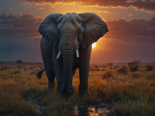 Fototapeta na wymiar Majestic Elephant Walking in a Vast Field at Sunrise