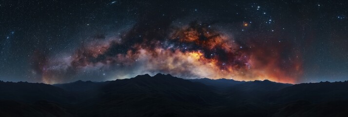 This breathtaking image captures the awe-inspiring panorama of a starry night sky above a silhouetted, rugged mountain range - obrazy, fototapety, plakaty