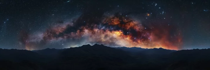 Fotobehang This breathtaking image captures the awe-inspiring panorama of a starry night sky above a silhouetted, rugged mountain range © gunzexx