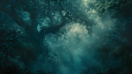 dreamy forest shrouded in mist - obrazy, fototapety, plakaty