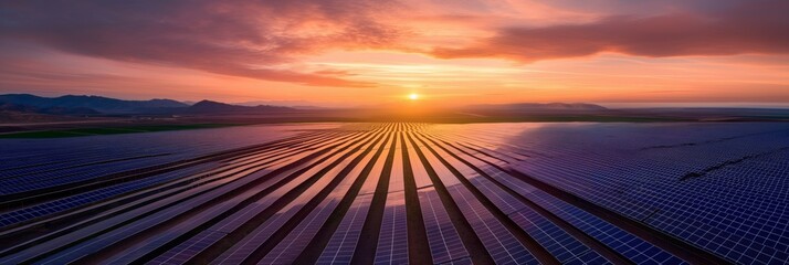 A breathtaking landscape of solar panels sprawling across a desert, capturing renewable energy as the sun sets