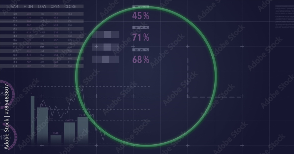 Poster image of neon green round banner and statistical data processing against blue background