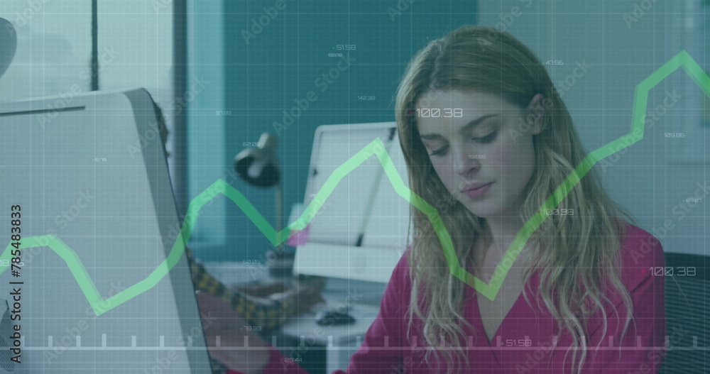 Poster image of financial data processing over businesswoman using computer