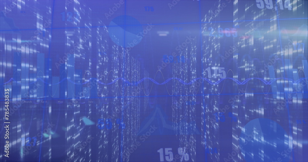 Poster image of statistical data processing over screens of mosaic squares against blue background