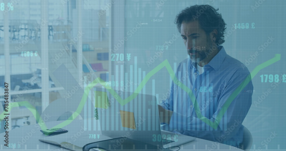 Poster image of financial data processing over businessman using computer
