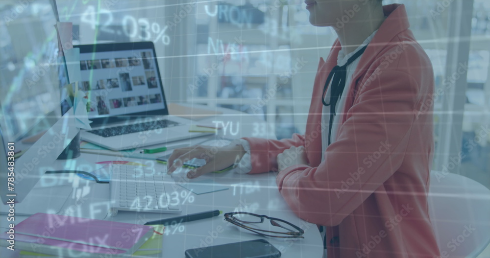 Poster image of financial data processing over businesswoman using computer