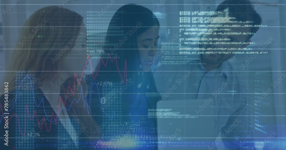 Poster image of graphs, binary codes, computer language over diverse coworkers sharing ideas in office
