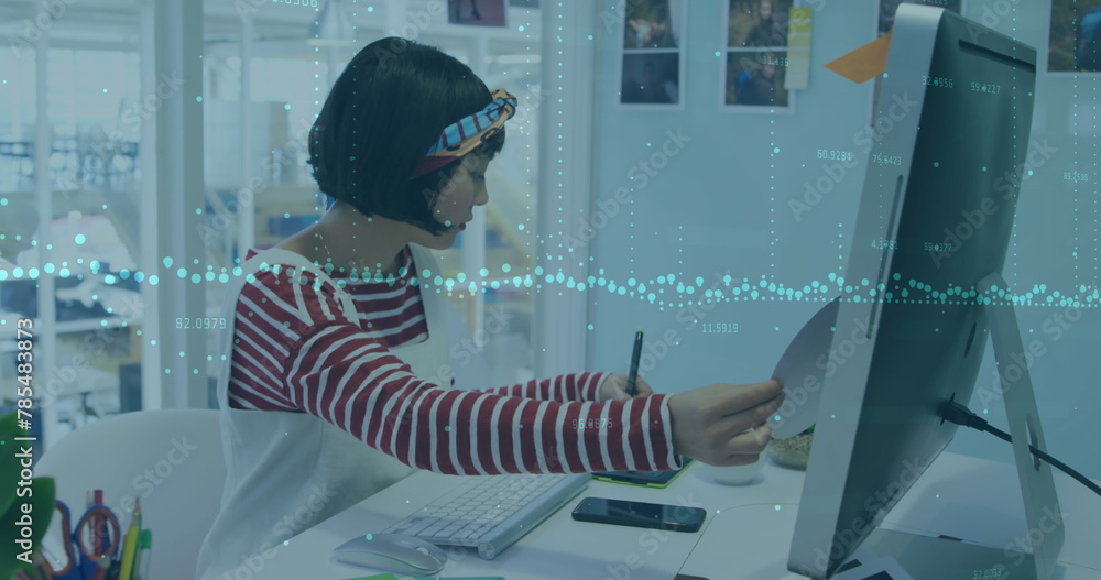 Poster image of financial data processing over businesswoman using computer