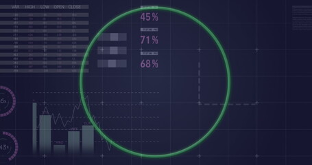 Image of neon green round banner and statistical data processing against blue background