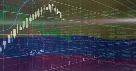 Image of financial and stock market data processing against waving columbia flag