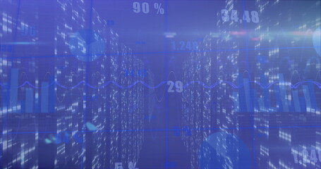 Image of statistical data processing over screens of mosaic squares against blue background
