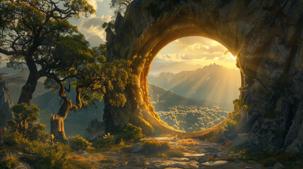 Through a portal in an ancient ruin with The evening sun shines down on the lush green mountains.
