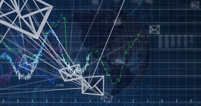 Image of financial data processing over spinning globe and data processing on blue background