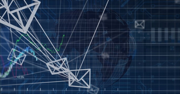 Image of financial data processing over spinning globe and data processing on blue background
