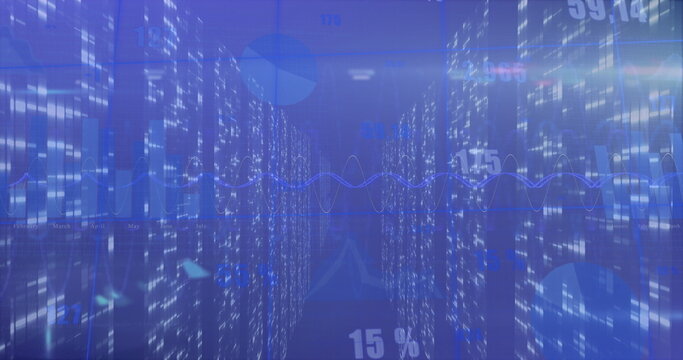 Image of statistical data processing over screens of mosaic squares against blue background