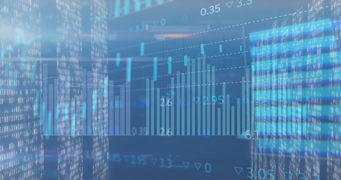 Image of statistical data processing over screens of mosaic squares against blue background