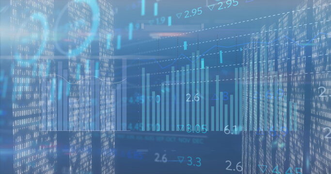 Image of statistical data processing over screens of mosaic squares against blue background