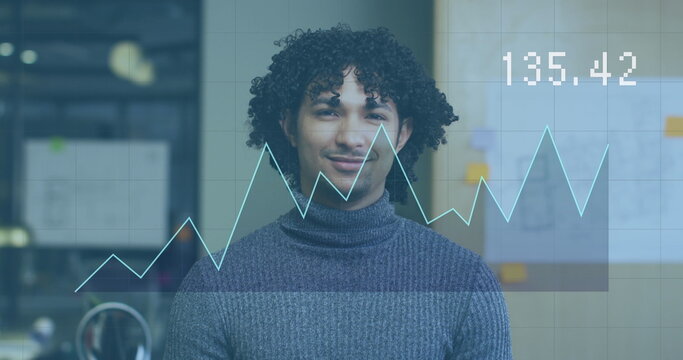 Image of data processing over biracial businessman at office