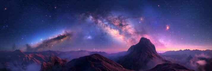 Majestic starscape of the Milky Way spanning across the sky above a rugged mountain terrain enveloped in twilight
