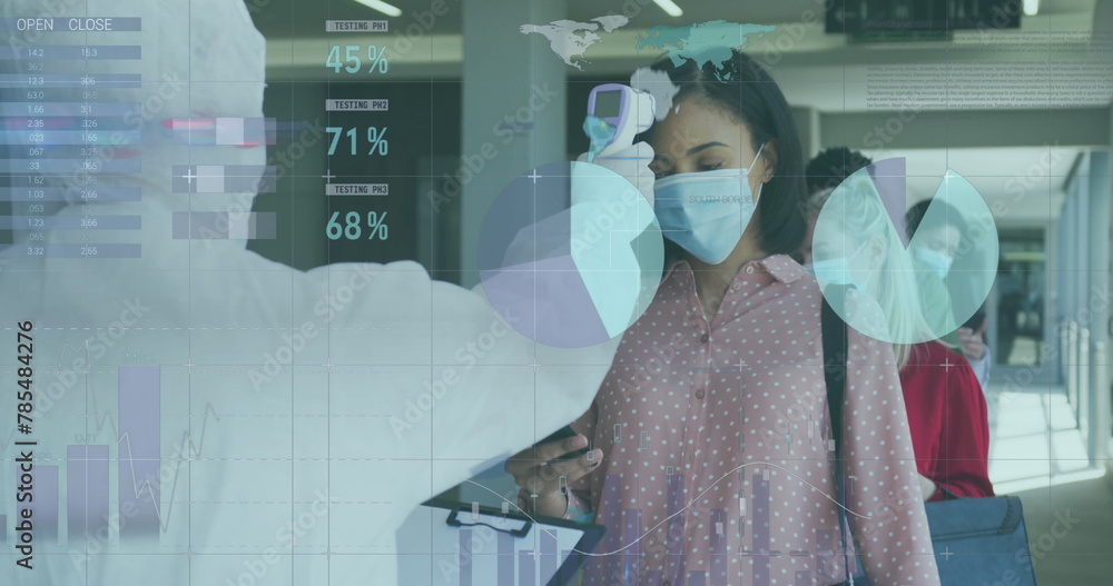 Aufkleber image of data processing over temperature reading of diverse business people in face masks