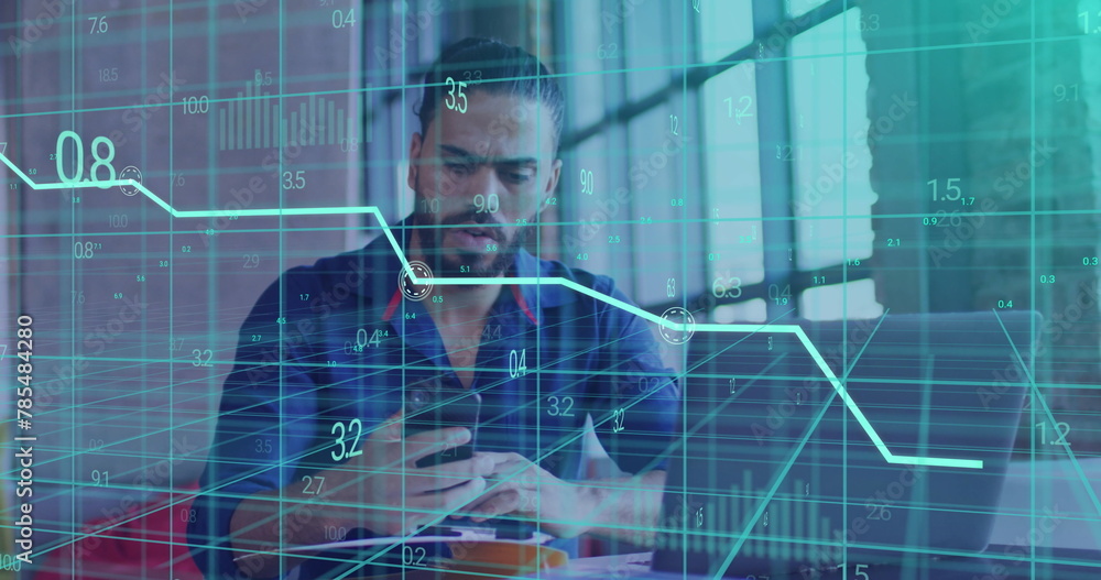 Poster image of data processing over biracial businessman using smartphone